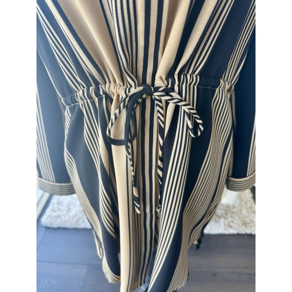 Nordstrom Tan Black Stripe 3/4 Sleeve Button Front Tie Waist Shirt Dress Size LP - Picture 3 of 6